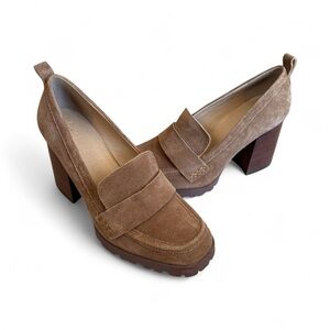 Crown Vintage Alivia Brown Leather Suede Block Heel Loafers Size 9